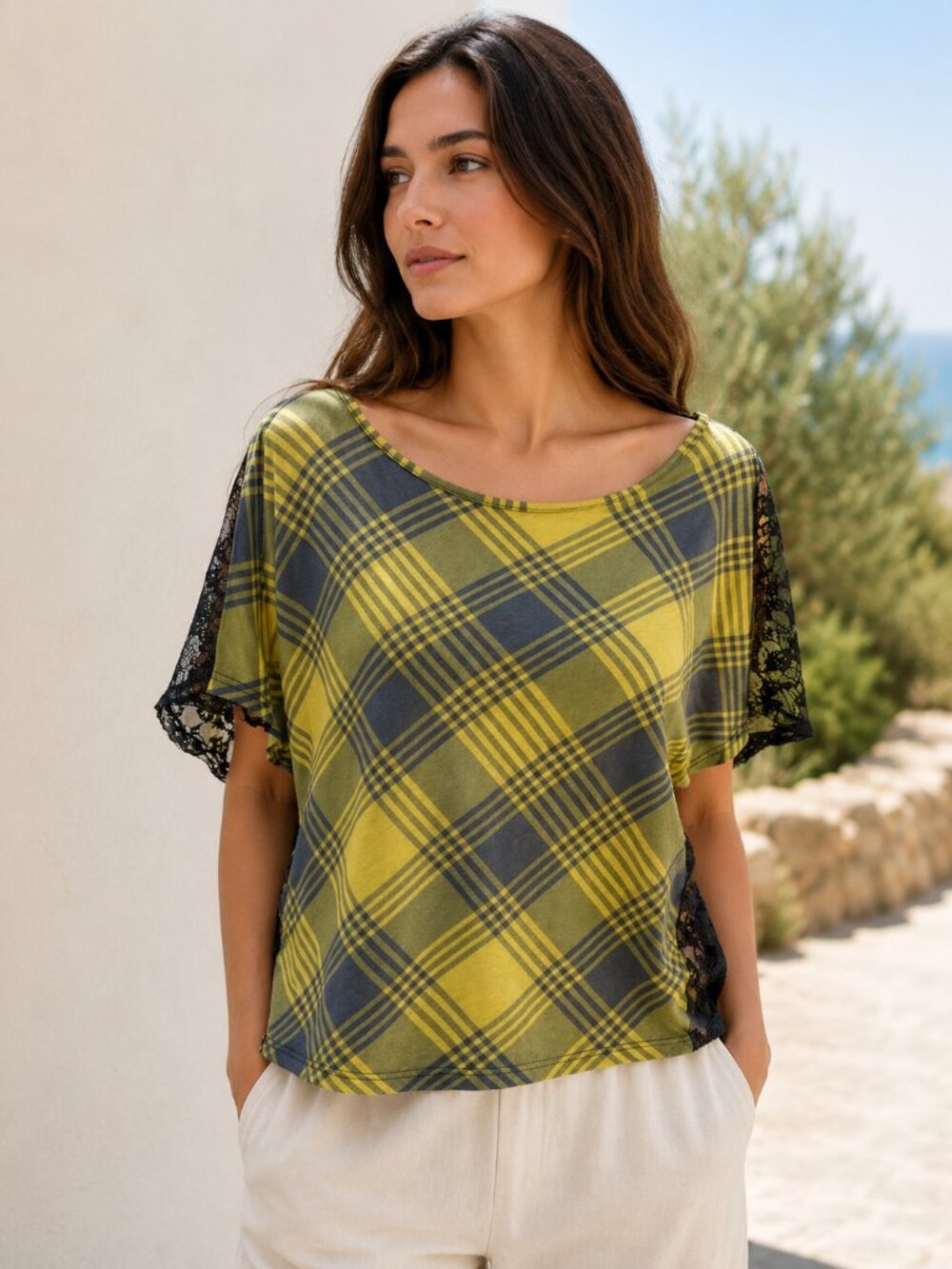 Motive Yellow Gray Lace Back Blouse Women's XL Rayon Short Sleeve Boho Top